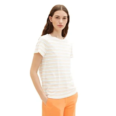 Image of TOM TAILOR Ladie&#039;s 1035378 T Shirt, 31291 Orange Multicolor Stripe, XXS