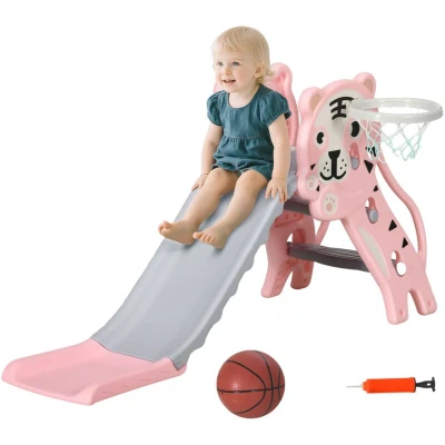Image of AIYAPLAY Kids Slide 3 in 1 Freestanding Toddler with Climber, Basketball Hoop, Basketball, Tiger Themed for Ages 18 36 Months Pink