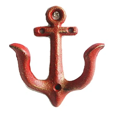 Image of KiaoTime RED Vintage Rustic Cast Iron Nautical Anchor Design Wall Hooks Coat Rack, Decorative Mounted Antique Shabby Chic Metal Home Bathroom Towel Hanger