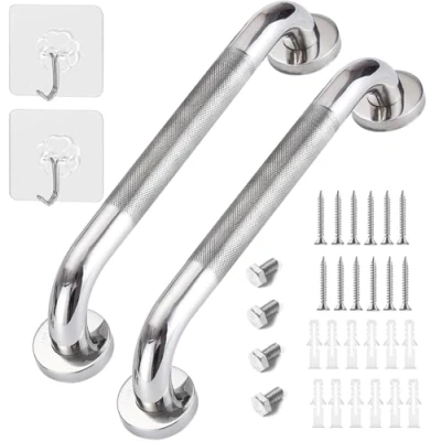 Image of 2 Pack 13inch Anti Slip Shower Grab Bar Handle, Chrome Stainless Steel Bathroom Bar, Knurled Balance Bar,Safety Hand Rail Support,Handicap Elderly Senior Assist Bath Handle