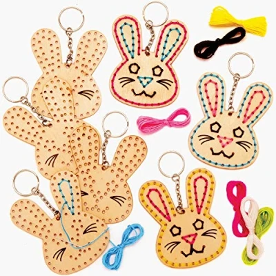 Image of Baker Ross Easter Bunny Wooden Threading Keyrings Pack of 5, Keyring Making Kit for Kids (AT422)