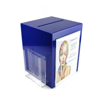 Image of Pos Display Shop Dark Blue Acrylic Collection Box/Comments Box/Suggestion Box/Ballot Box/Feedback Box with A5 Leaflet Holder + A4 Portrait Poster PDS9470A4