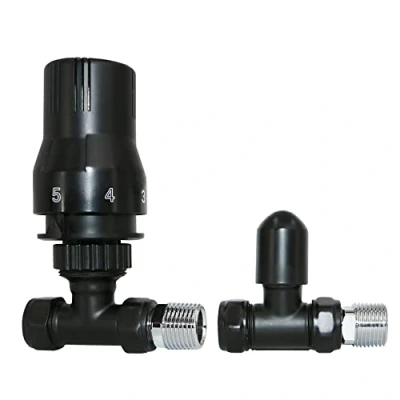 Image of NRG 15mm Black TRV Thermostatic Radiator Valve + Lockshield Straight Valves