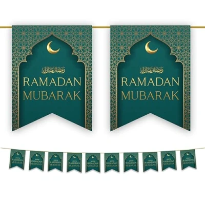 Image of Ramadan Mubarak Bunting Decorations (Green &amp; Gold Design) Ramadhan Kareem Banner Flags Hanging Decor for Home Domes Lanterns Moon Star