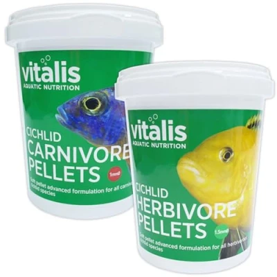 Image of Vitalis Cichlid Herbivore Pellets 260g &amp; Carnivore (1mm) for Carniverous Herbiverous Cichlids Fish Food Aquarium Tank