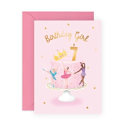 Image of Central 23 Seventh Birthday Card for Girls Happy 7th Age 7 Seven Year Old Crown Ballerina Pink Cake Greeting Kids Daughter Granddaughter Comes With Fun Stickers