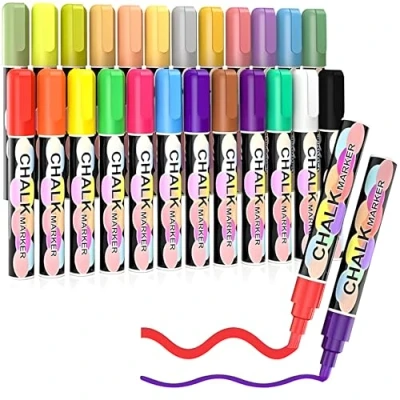 Image of RLS Liquid Chalk Markers Erasable, 24 Colour Neon Pens for Chalkboard Reversible Nibs 6mm Fine Round or Chisel Tip, Wipeable Blackboard Non Porous Blackboard, Glass,