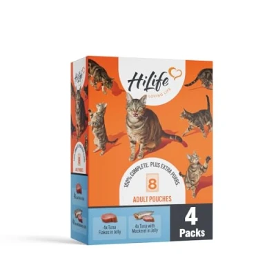 Image of HiLife Adult Wet Cat Food, Mixed Tuna in Jelly Recipes, Complete Food Pouches, 100% Natural &amp; Grain Free, Flakes / with Mackeral (8 x 70g Pouches)