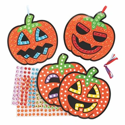 Image of Baker Ross FE779 Pumpkin Diamond Art Kits Pack of 3, Make Your Own Picture Kit, Creative Activities for Kids, Self Adhesive Gems Set