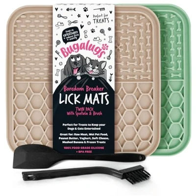 Image of Bugalugs Licky Mats For Dogs, 100% Food Grade Lick Dogs &amp; Cat Mat BPA Free Dog Mat, Feeding Licking Reduce Stress Anxiety, 2x Pet Spatula Brush (Green Beige)