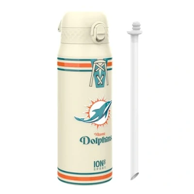 Image of NFL Dolphins Sports Thermal Water Bottle with Removable Straw, 750ml/24oz, Leak Proof Vacuum Insulated Drinking Bottle, Easy to Open, Secure Lock, Dishwasher Safe, Flip Cover, Metal