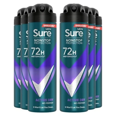 Image of Sure Antiperspirant 72H Nonstop Sweat and Odour Protection Alcohol Free Body Spray Anti White Marks with Fresh Sporty Scent Multi Fragrance Deodorant for Men, 150ml Pack of 6 (Active Dry)
