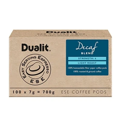Image of Dualit Decaf ESE Coffee Pods 100 Pack x 1 Servings of Premium Ground De Caffeinated in Easy Serving Espresso Paper Single Origin Light Roast 15148