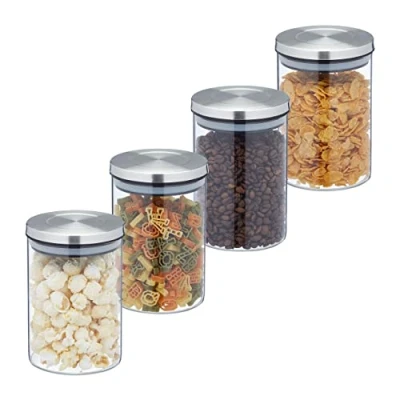 Image of Relaxdays Jars in Set of 4, 750 ml Capacity, Steel Airtight Lids, Dry Food Storage, Glass, Transparent/Silver, 60% 30% Stainless 10% Silicone