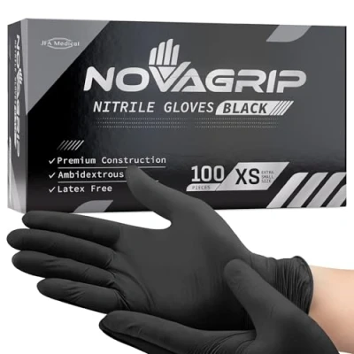 Image of Novagrip JFA Medical Disposable Powder Free Latex Black Nitrile Gloves Box of 100 (Extra Small)