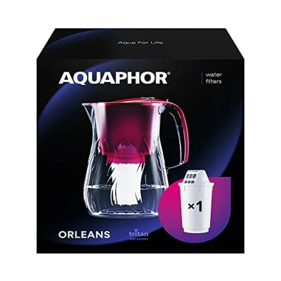 Image of AQUAPHOR Orleans Water Filter jug 4.2L, for reduction of limescale, Chlorine and other impurities, 1x A5 350 litre Added Magnesium Cartridge Premium in Glass effect. Cherry