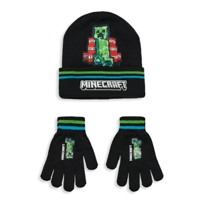Image of Minecraft Boys Beanie &amp; Gloves Set Gamer Kids TNT Creeper Graphic Knitted Winter Bundle One Size Gaming Character Hat Logo Mojang Video Game Merchandise Gift