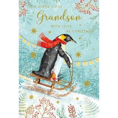 Image of Grandson Christmas Card Cool Artistic Penguin and Sleigh Design Special Finish Illustrated Insert Leaf Made in the UK Eco Friendly