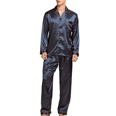 Image of Men’s Sleepwear Satin Pyjama Set Nightwear Loungewear (Blue Golden, Large)