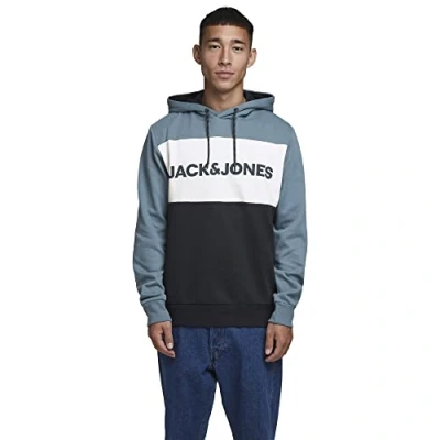 Image of Jack &amp; Jones Male Hoodie, Colour Block, Logo, China Blue, XXXL