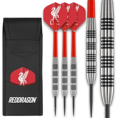 Image of FOCO Officially Licensed Liverpool FC Flights with Red Dragon 24 Gram Tungsten Darts Set