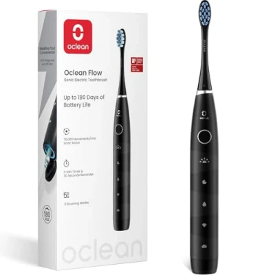 Image of Oclean Flow Sonic Electric Toothbrush, 180 Days Battery Life, 76000 VPM Motor, 5 Modes, IPX7 Waterproof, 2 Min Timer &amp; 30s Reminder, USB C Rechargeable, Black