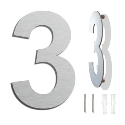 Image of Brushed Modern House Number 6 Inch 152mm Height, Made of solid 304 Stainless Steel, Floating Appearance and Easy to install (Number 3 Three)
