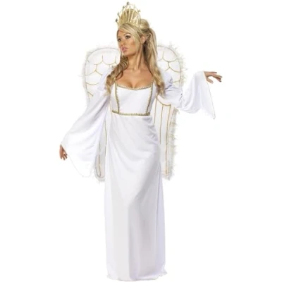 Image of Smiffys Angel Costume, White with Dress, Crown &amp; Wings, Christmas Adult Fancy Dress Up Costumes