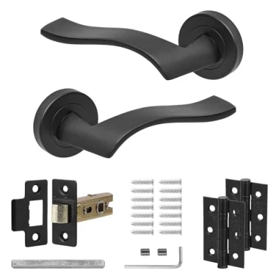 Image of Decoranddecor Black Door Handles Internal Aluminium Matt Handle Sets for Wooden Interior Doors with Mortice Latch and Hinge Emblaze Range