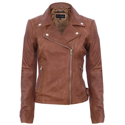Image of Ladies Tan Vintage Brando 100% Leather Biker Jacket XL