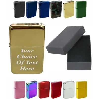 Image of Personalised Engraved Lighter for Birthday, Fathers Day, Anniversary, Choice of Colours With Luxury Gift Box Packaging (Gold)