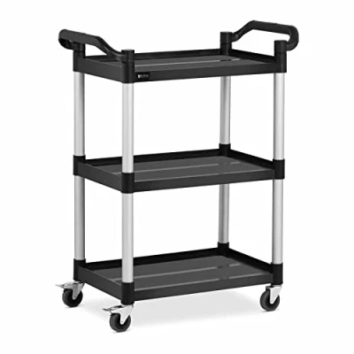 Image of Royal Catering RC PSTB3800 Stainless Steel Serving Bar Utility Dish Cart Trolley 63x40cm (90kg, Black, 3 Shelves, 360 rotatable, Thermoplastic rubber brakes)