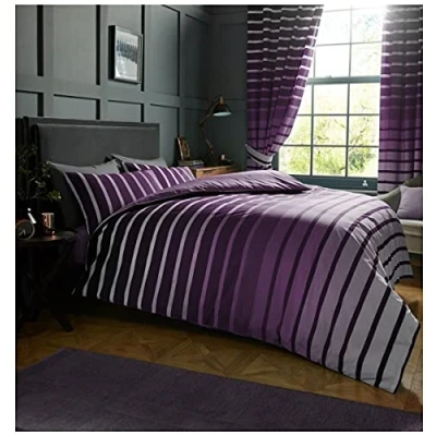 Image of GC GAVENO CAVAILIA Stripe Duvet Cover Super King, Polycotton Bedding Sets, Soft &amp; Cosy Reversible Bed Set, Purple
