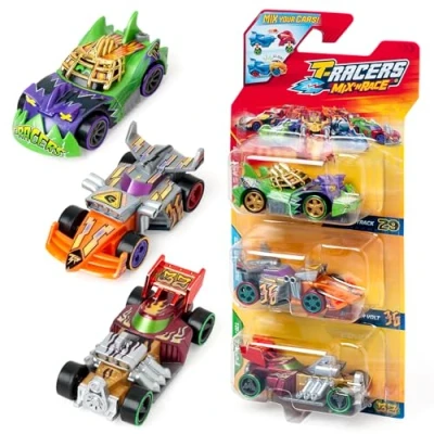 Image of T RACERS Mix &#039;N RACE 3 Pack of collectible cars. Each car can be split in two with interchangeable parts and wheels. 2 4