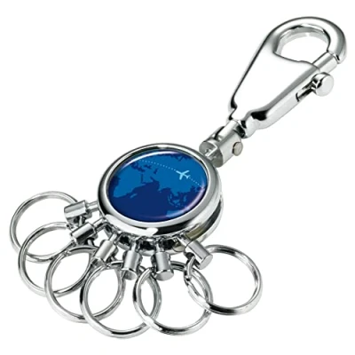 Image of Troika keying around the world #KYR01 A037 keyring with carabiner hook 6 exchangeable rings metal shiny chrome plated color: silver and blue original