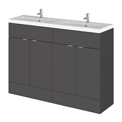 Image of Hudson Reed CBI934A Fusion Modern Bathroom 4 Door Floor Standing Vanity Unit and Full Depth Double Ceramic Basin, 1200mm, Gloss Grey