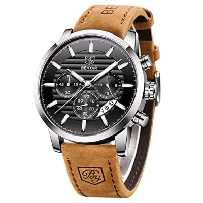 Image of BENYAR Mens Watches Quartz Chronograph Business Brand Waterproof Wristwatches Fashion Brown Leather for Men (L Silver Black)