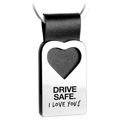 Image of FABACH Leather Heart Keyring with Engraving Car Lucky Charm Pendant Drive Safe I Love You, black, standard size, Classic, elegant