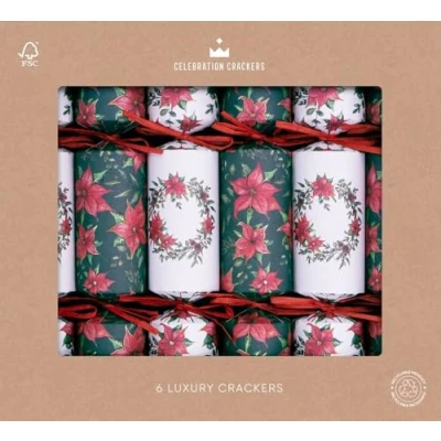 Image of Celebration Crackers Eco Friendly Regency Range Christmas Tray of 6 x 13 Inch Luxury Deluxe Cracker FSC Mix Red Poinsettia