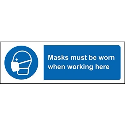 Image of Masks must be worn when working here Safety sign Self adhesive sticker 300mm x 100mm