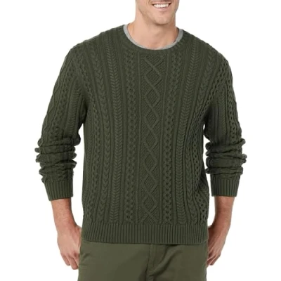 Image of Amazon Essentials Men&#039;s Long Sleeve 100% Cotton Fisherman Cable Crewneck Jumper, Dark Olive, XXL