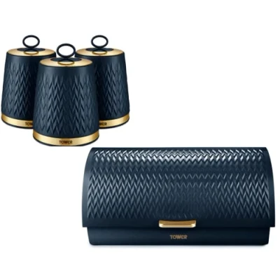 Image of Tower Empire Bread Bin &amp; Canisters Kitchen Set in Midnight Blue with Brass Accents. Art Deco Design Storage