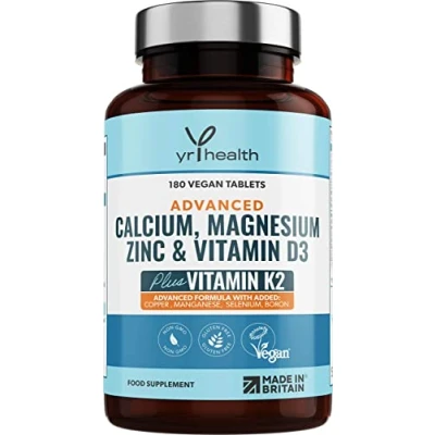Image of Calcium, Magnesium, Zinc and Vitamin D Plus K2 MK 7 Tablets Osteo Supplement 180 Vegan not Capsules Made in The UK by YrHealth