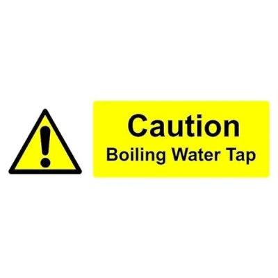 Image of Caution Boiling Water Tap safety sign Self adhesive sticker (150mm x 50mm)