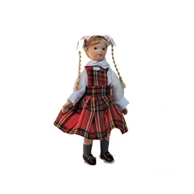 Image of Melody Jane Dolls House Girl in Tartan Pinafore Miniature Porcelain 1:12 People