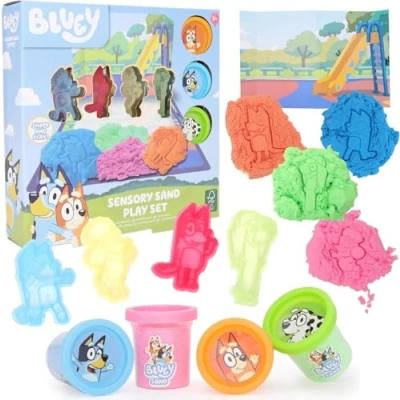 Image of Toyland® 10 Piece Bluey Sensory Sand Activity Set 4 Pots, Character Moulds, 1 Wipeable Play Mat &amp; Card Scene Arts Crafts Toys