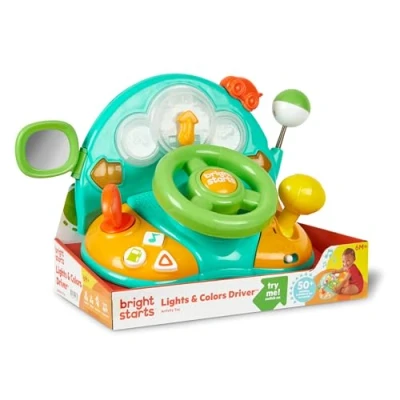Image of Bright Starts Lights and Colors Driver Toy Steering Wheel with Car Sounds for Pretend Play Green, 6 Months up