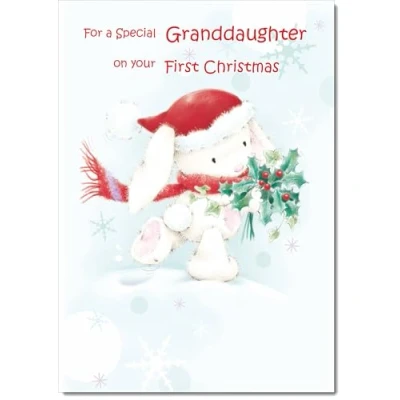 Image of doodlecards Granddaughters 1st First Christmas Card Cute Rabbit with Holly Medium Size for Plain Envelope