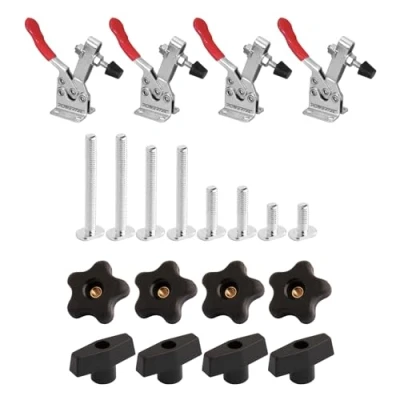 Image of POWERTEC Toggle Clamp and T Track Knob Kit Woodworking Tools for 4PK, 300 lbs Holding Capacity, 201B Quick Release Horizontal Clamps &amp; Set of 16 Bolts knobs (72116)
