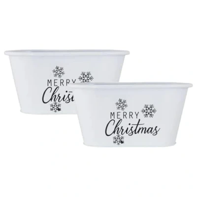 Image of Fyne Finds Metal Merry Christmas White Plant Pots Pail Planters Troughs Xmas Snowflakes Theme (2)